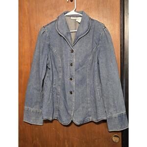 VTG Newport News Jeanology Denim Jacket Blazer Scalloped Hem Blue Stretch Y2K 16